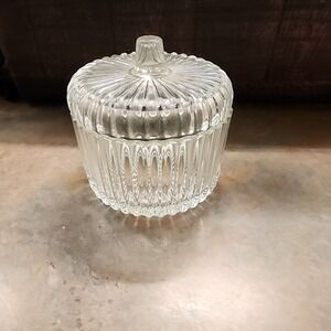 Clear Covered Condiment Jam Jar with Hole for Spoon, likely Jeannete Glass
